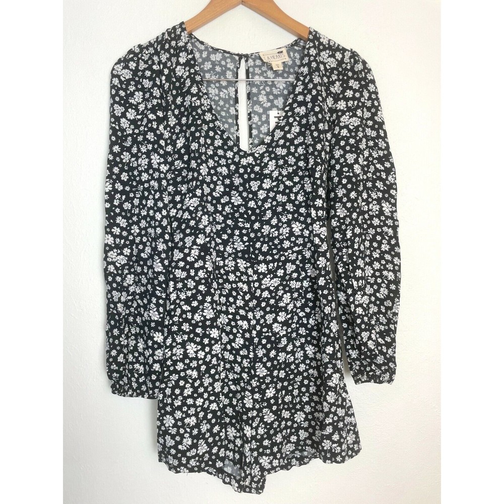 LA Hearts Romper Women's  S Black White 3/4 Sleeve Floral Open Back Slit